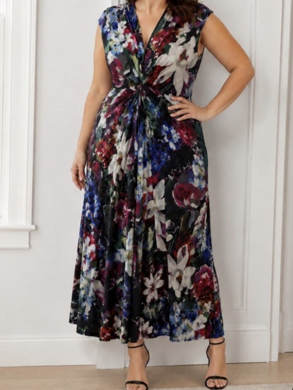 Anne Klein Multicolor Floral V-Neck Sleeveless Twist Lined Maxi Dress 20W